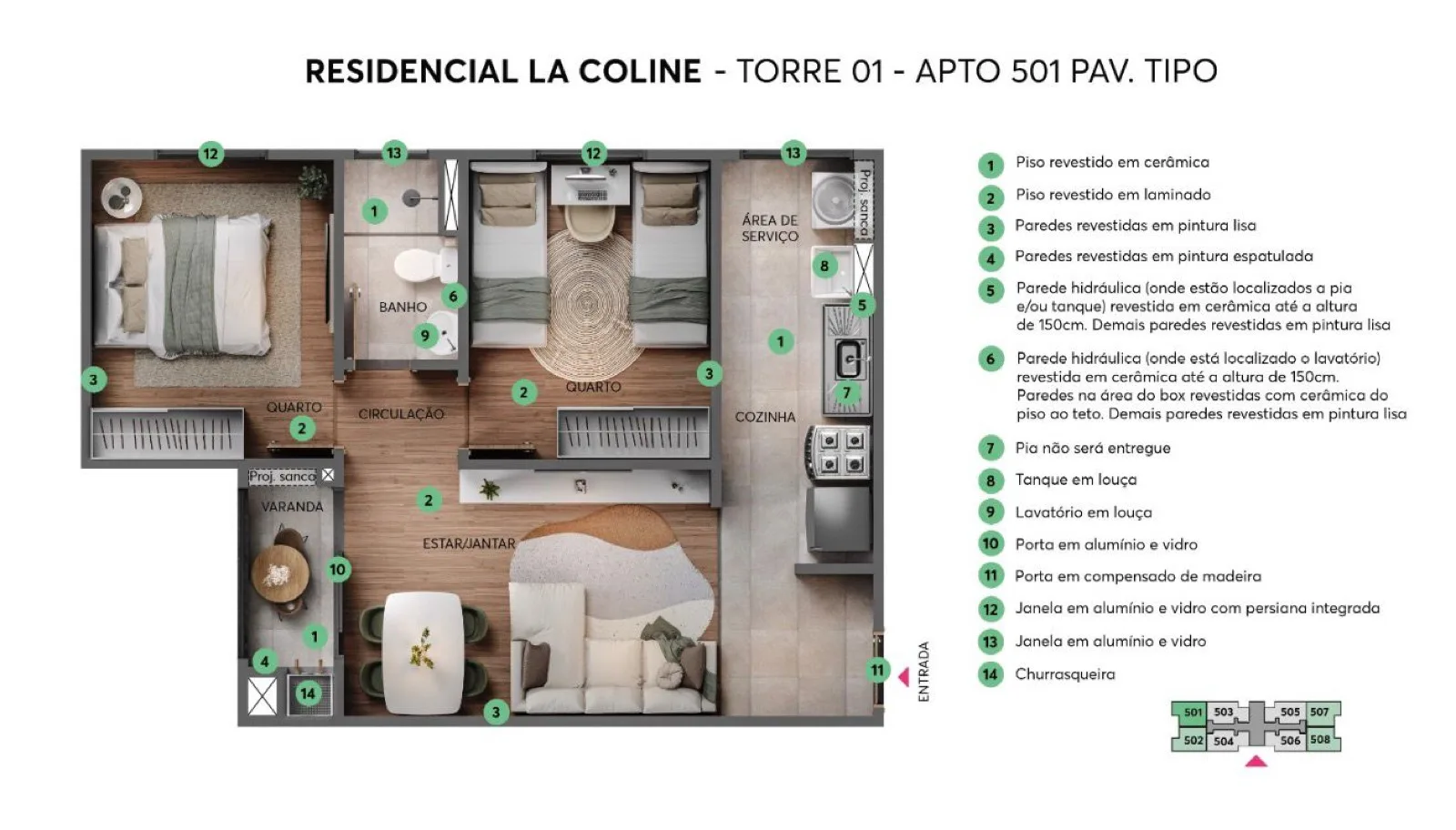 Planta do apartamento tipo de 2 quartos com 46m²